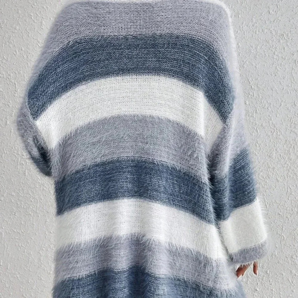 Multicolor Casual Women's Drop Shoulder Open Front Fluffy Knit Duster Cardigan - Picture 3 of 5